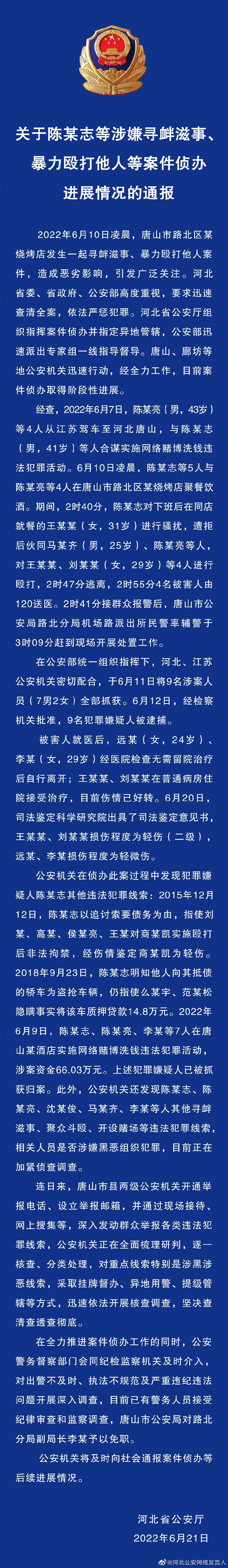 關(guān)于陳某志等涉嫌尋釁滋事、暴力毆打他人等案件偵辦進(jìn)展情況的通報(bào)