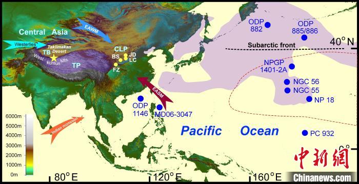 塔里木沙塵傳輸至北太平洋的路徑(陰影區(qū))及西昆侖山黃土巖芯位置(五角星)?！≈锌圃呵嗖馗咴?供圖