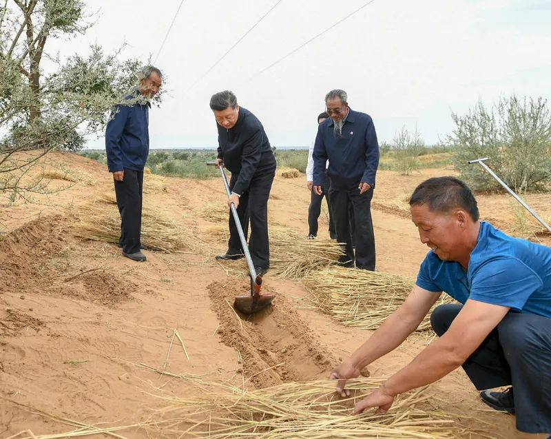 2019年8月21日，習(xí)近平來(lái)到甘肅省武威市古浪縣八步沙林場(chǎng)，實(shí)地察看當(dāng)?shù)刂紊吃炝?、生態(tài)保護(hù)等情況。新華社記者 謝環(huán)馳 攝